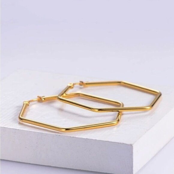Gold Plated Stainless Steel Geometric Hoop Earrings - Picture 3 of 3